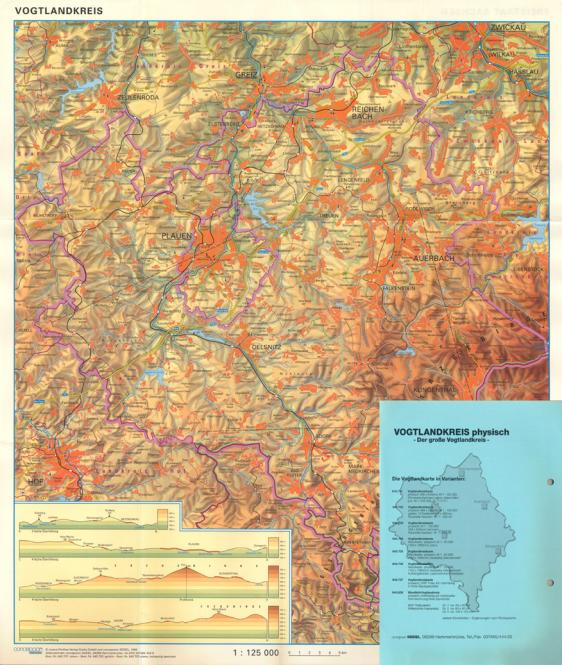 Vogtlandkreiskarte physisch Wandkarte plano, 1150 x 1390 mm, M 1 : 50000 